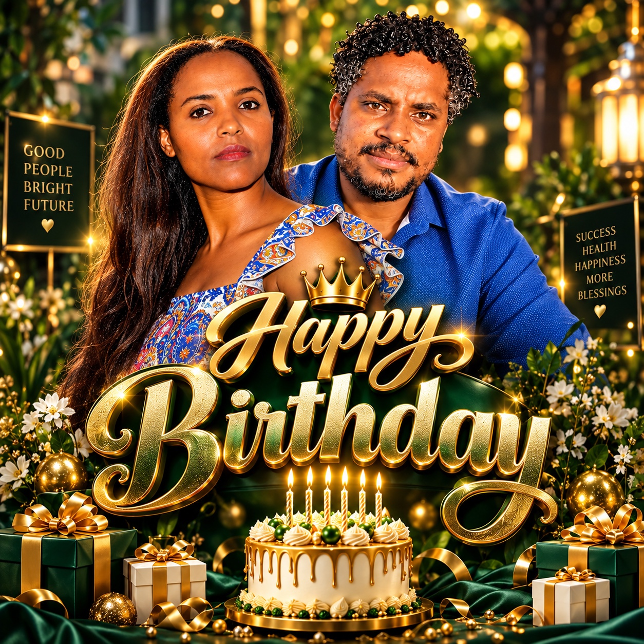 Gold birthday design with a couple and cake