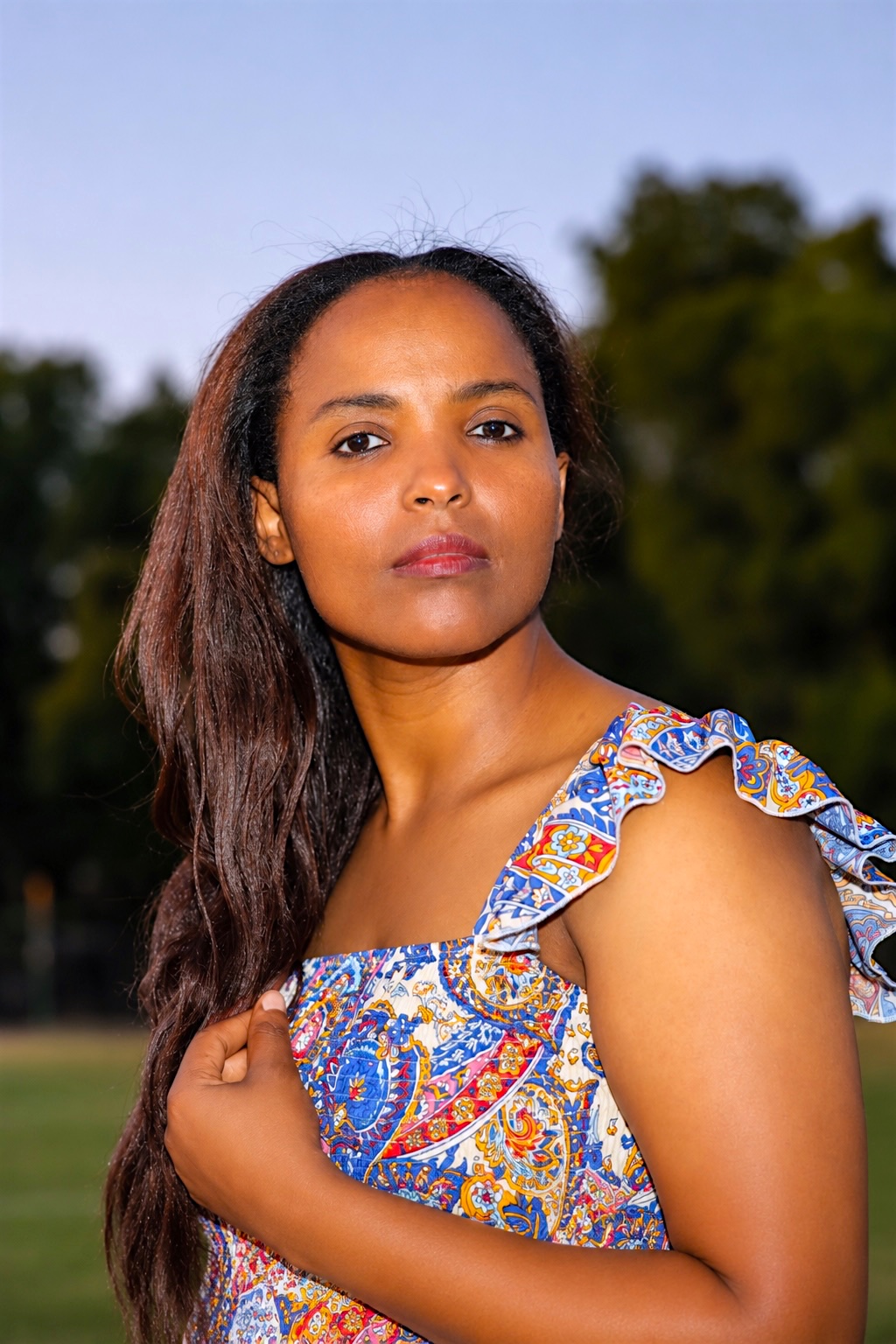 Outdoor portrait in a patterned dress